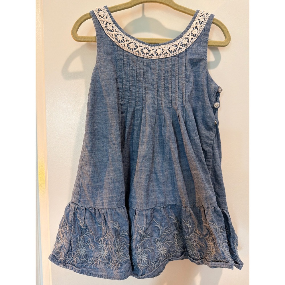Polo Ralph Lauren Girls Blue Chambray Embroidered Lace Trim Dress 2T